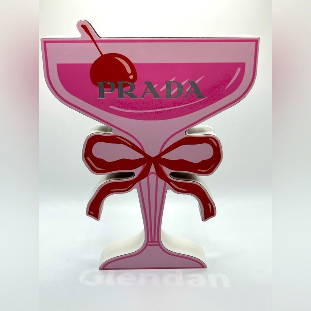 NWT Prada themed cocktail glass  art tabletop display wooden block